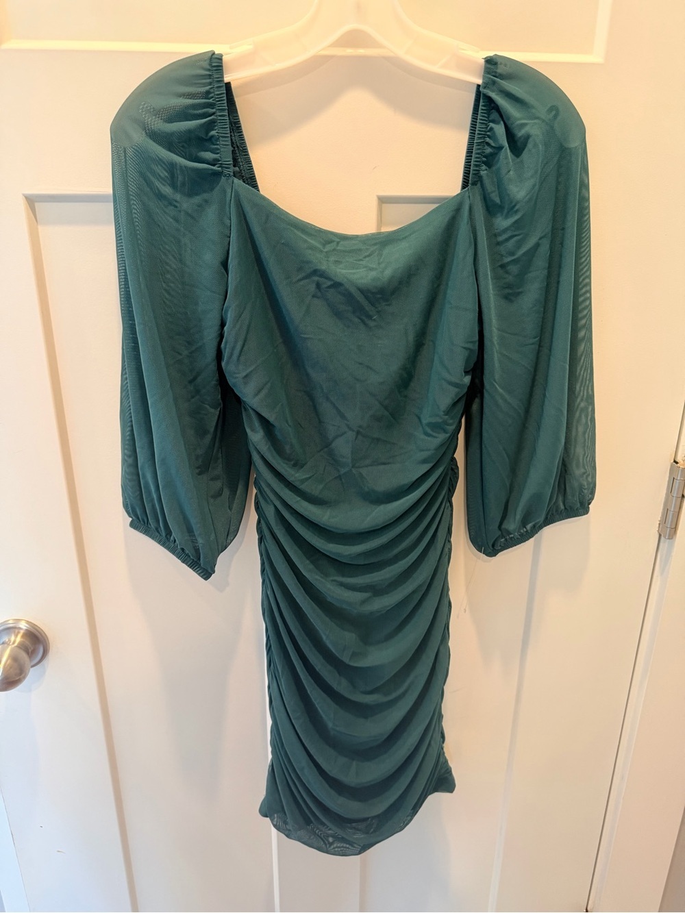 Speechless Emerald Green Ruched Mesh Balloon Sleeve Bodycon Dress Medium